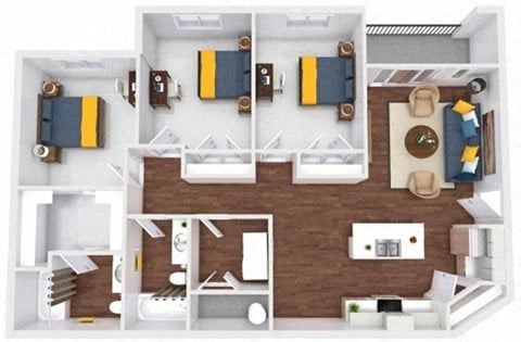 Floor plan for 3 beds, 2 baths, 1240 sqft